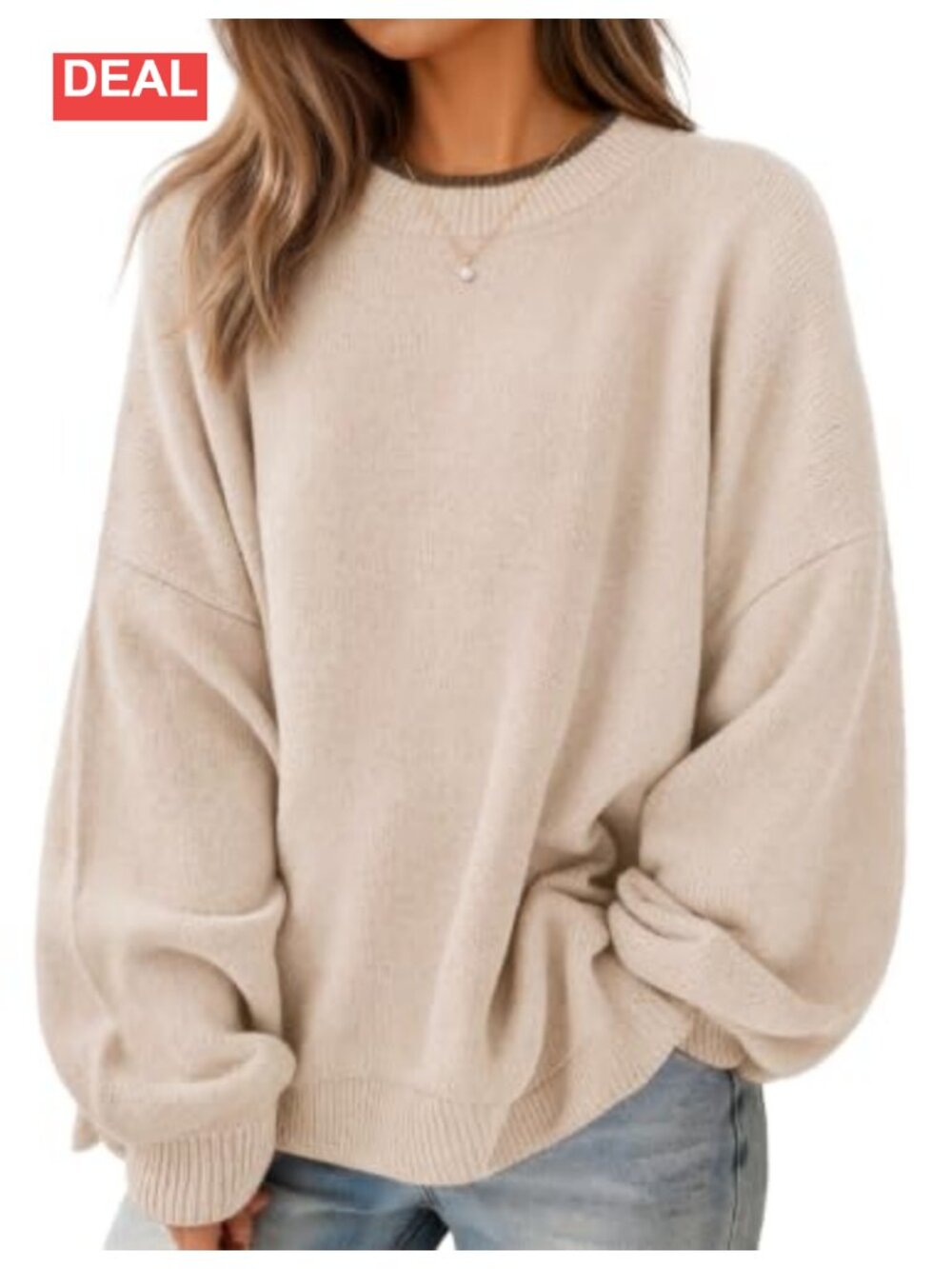 Oversized Crew Neck Pullover Sweater with Contrast Trim and Batwing Sleeves